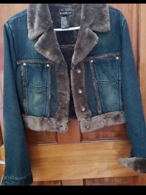 Late 90's Bebe denim jacket brown faux fur trim